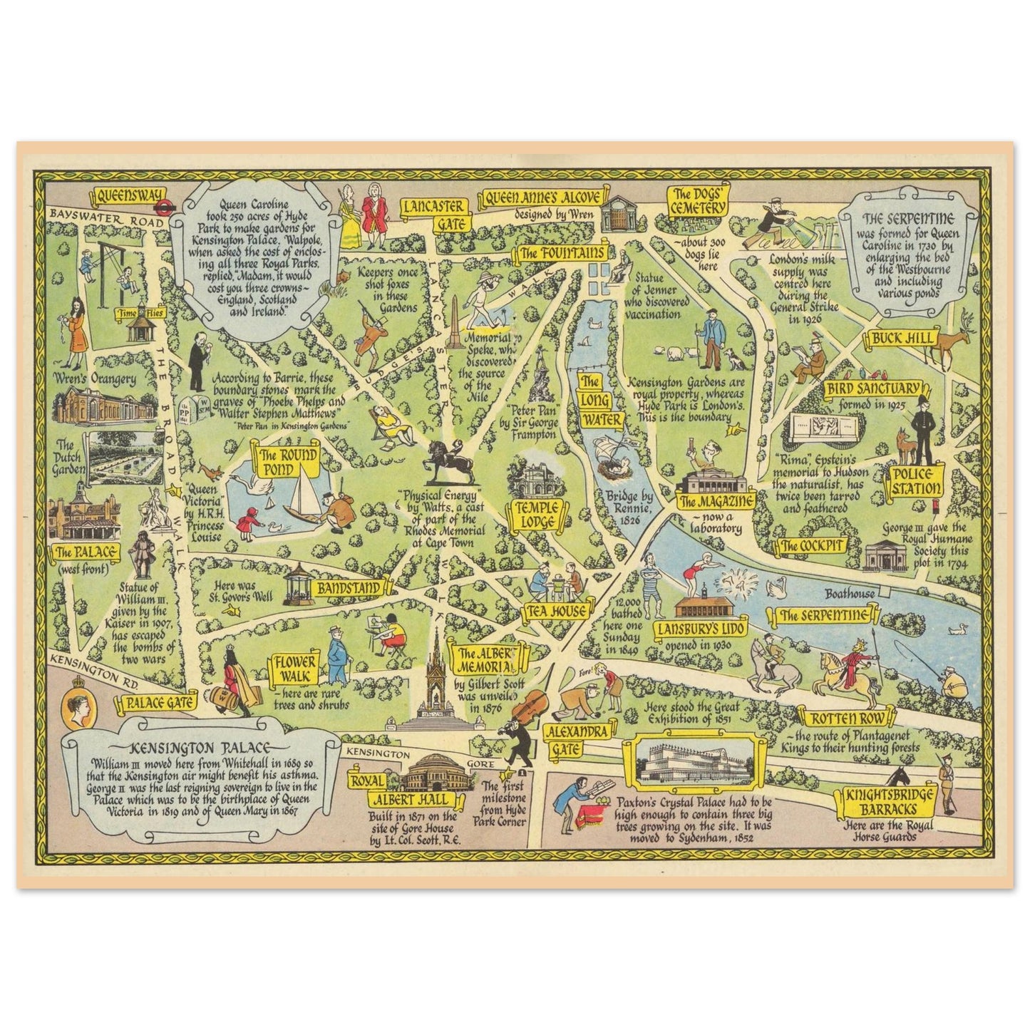Vintage Kensington Gardens and Hyde Park pictorial map print by John Pearson Sayer