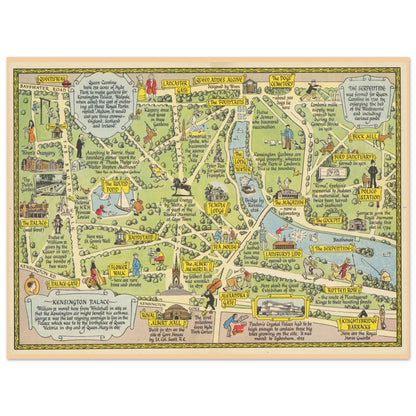 Vintage Kensington Gardens and Hyde Park pictorial map print by John Pearson Sayer